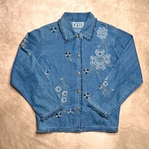 Vintage 90s Floral Embroidered Denim Jacket Beaded Blue Flower Y2K Boho Chic